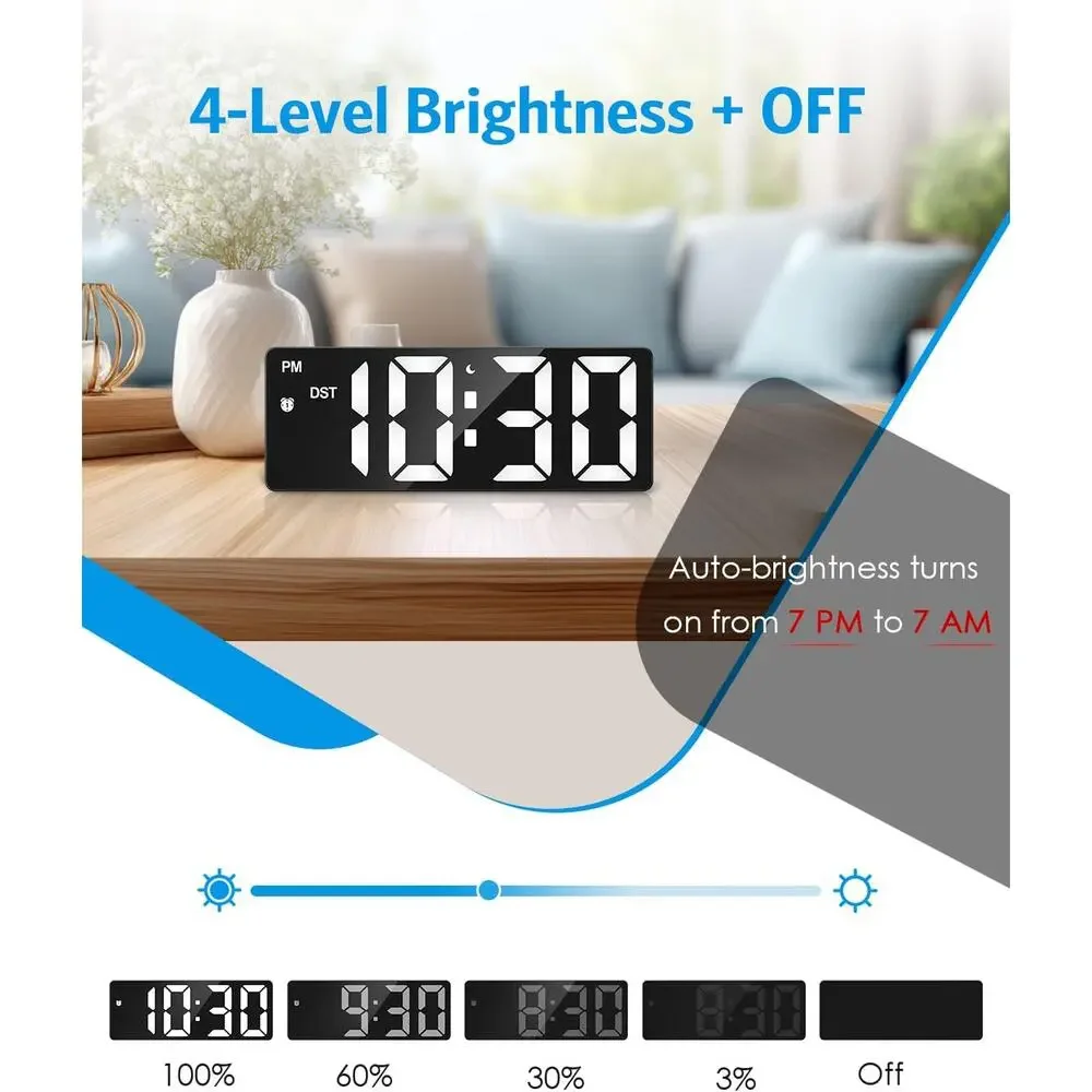 Digital Alarm Clock LED Type C or AAA Battery Operated Snooze 12/24H Mirror